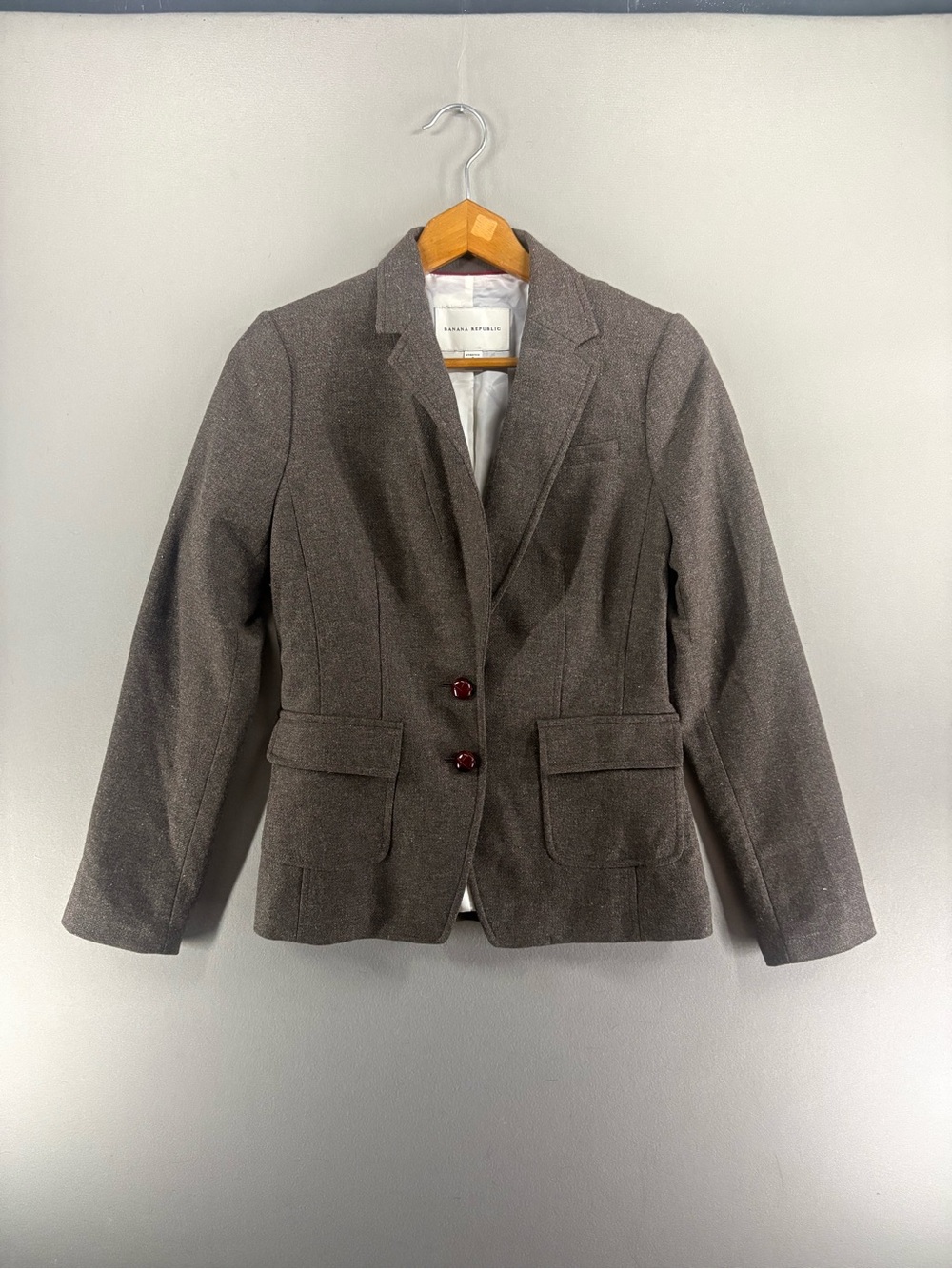Banana Republic Women’s Blazer Size 2 Gray/Brown Wool Blend Elbow Patch